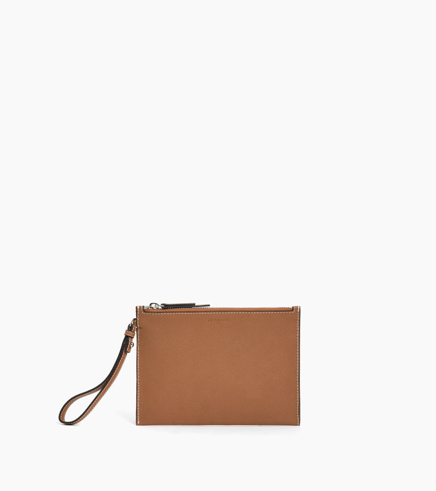 Pochette zippée avec dragonne en cuir grainé