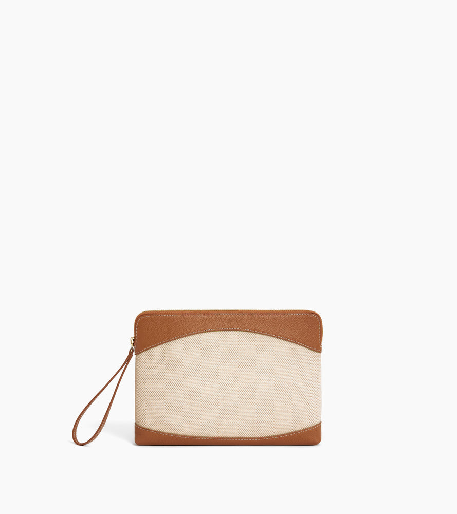 Kleine Tasche aus Baumwoll-Canvas und genarbtem Leder mit Reißverschluss