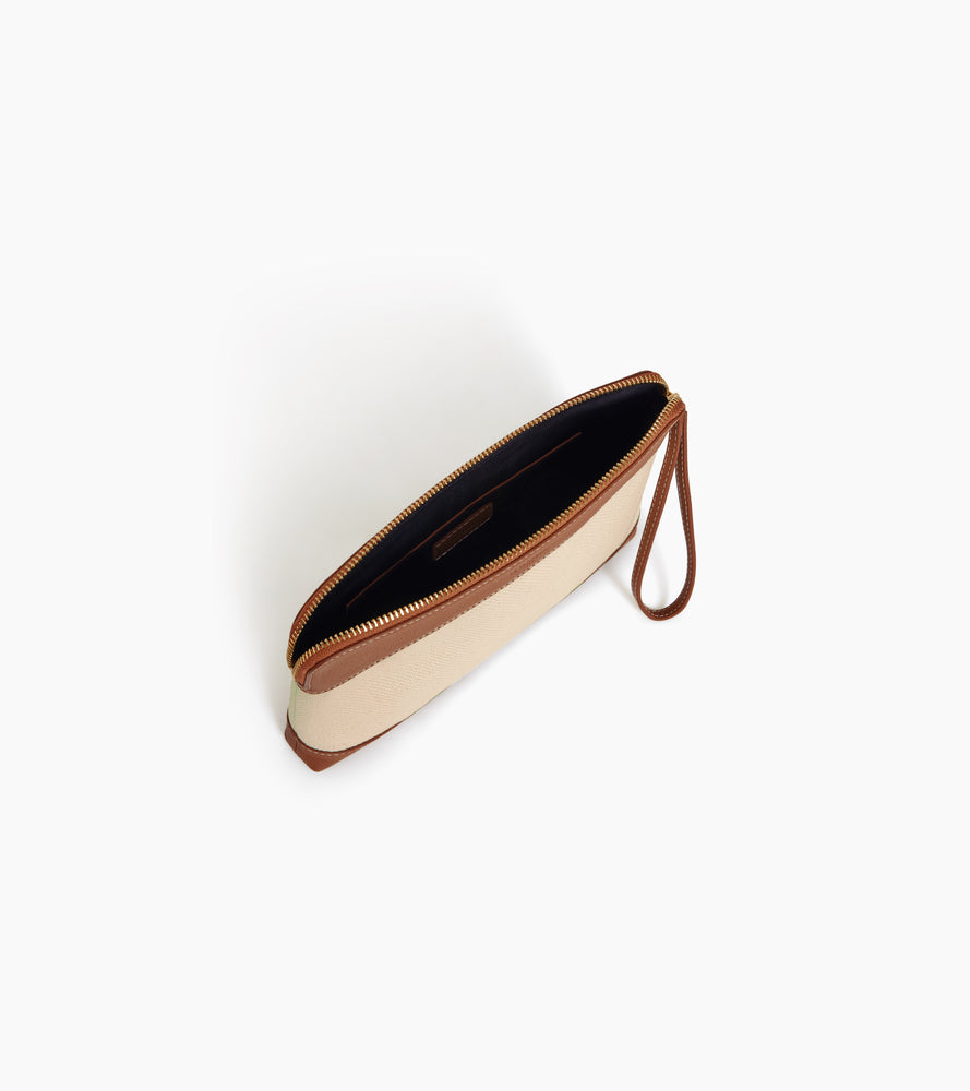 Zipped pouch in cotton canvas and grained leather