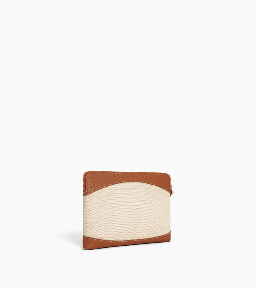Zipped pouch in cotton canvas and grained leather