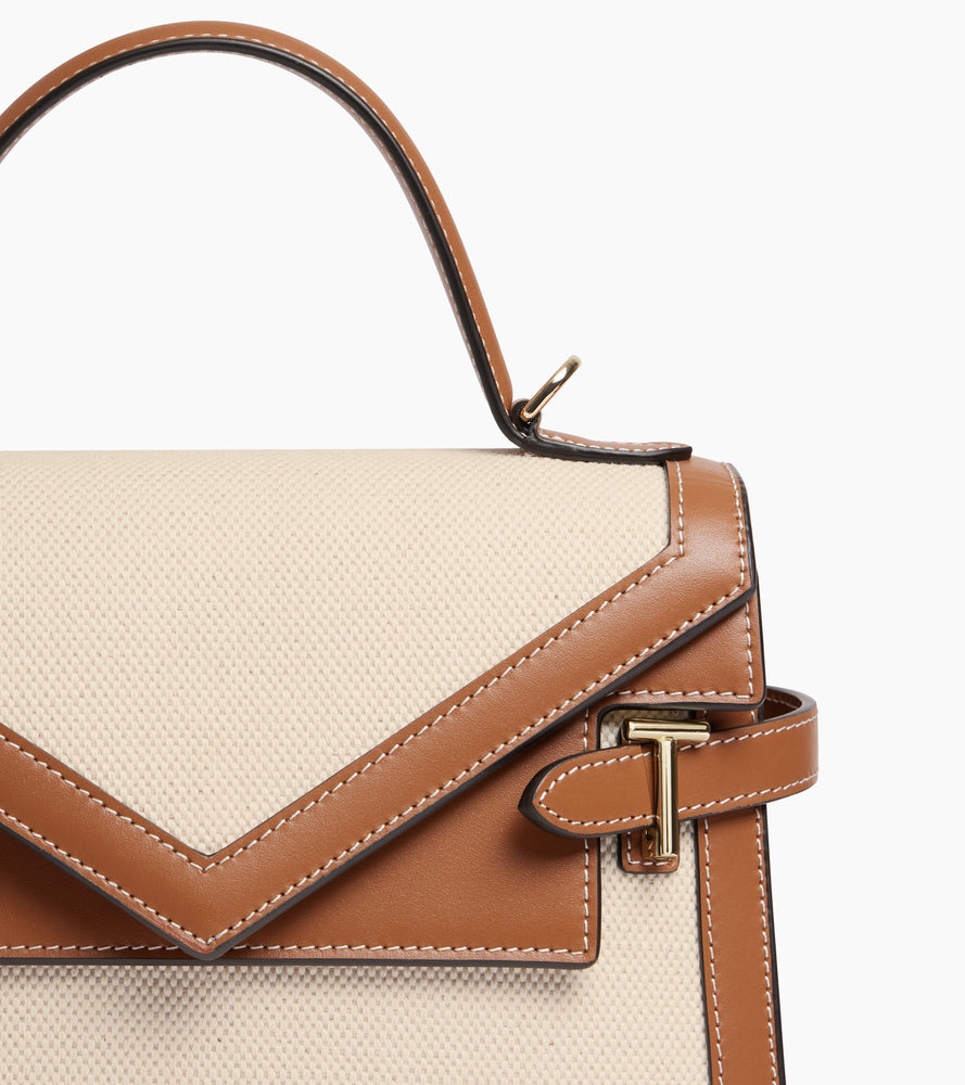 Mittelgroße Handtasche Emilie aus Glattleder und Baumwollcanvas mit Doppelklappe