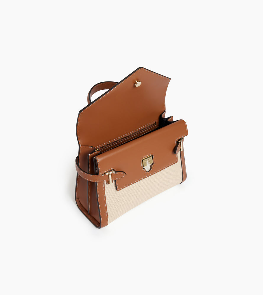 Mittelgroße Handtasche Emilie aus Glattleder und Baumwollcanvas mit Doppelklappe