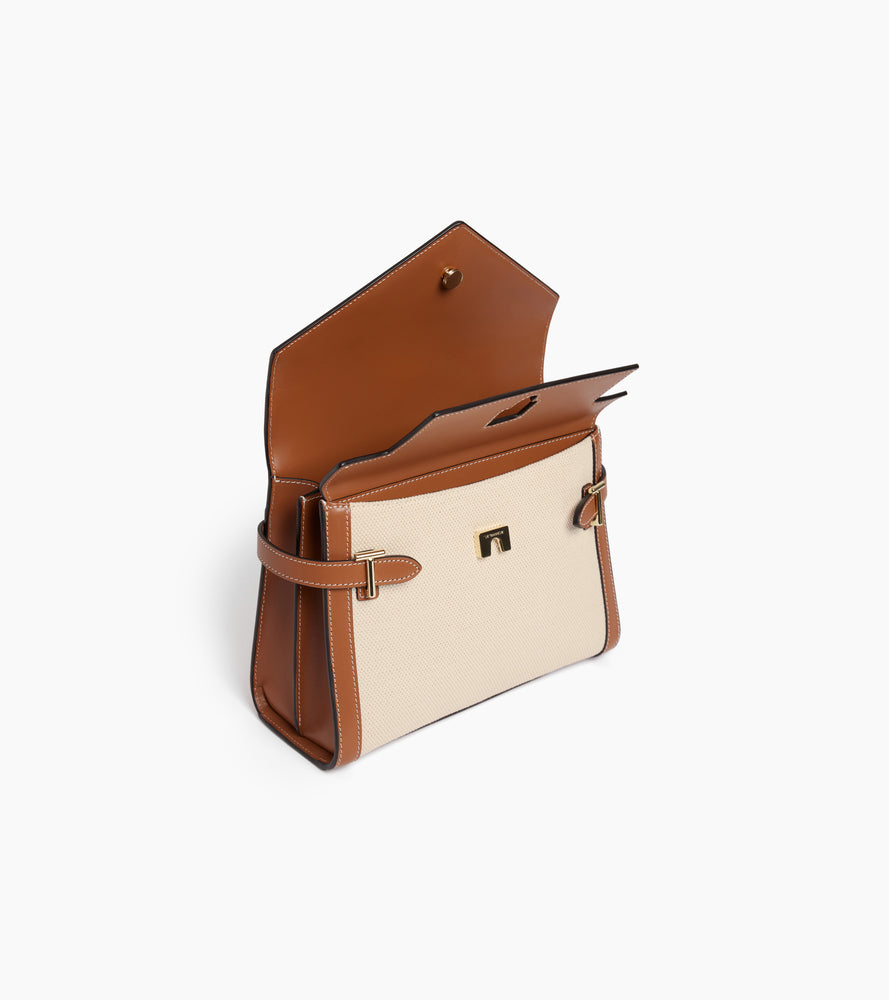Mittelgroße Handtasche Emilie aus Glattleder und Baumwollcanvas mit Doppelklappe