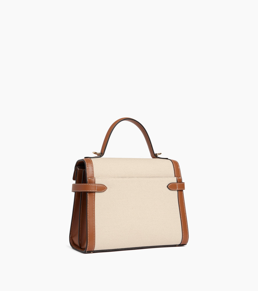 Mittelgroße Handtasche Emilie aus Glattleder und Baumwollcanvas mit Doppelklappe