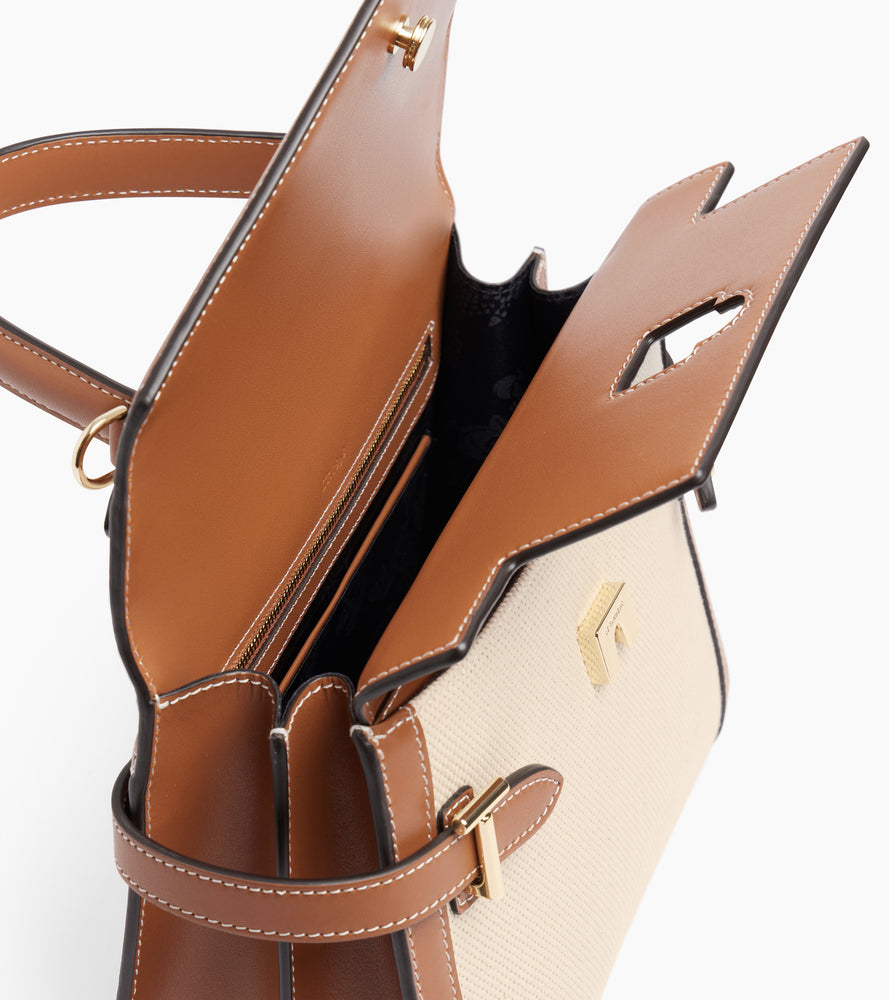Mittelgroße Handtasche Emilie aus Glattleder und Baumwollcanvas mit Doppelklappe
