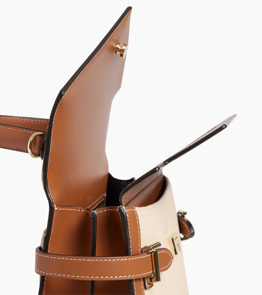 Mittelgroße Handtasche Emilie aus Glattleder und Baumwollcanvas mit Doppelklappe