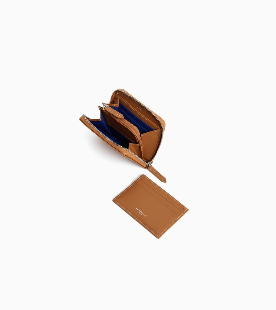 Porte monnaie zippé avec porte cartes amovible Charlotte en cuir lisse